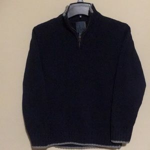 Navy Blue, Grey Trim Mock Neck-Half Zip Sweater